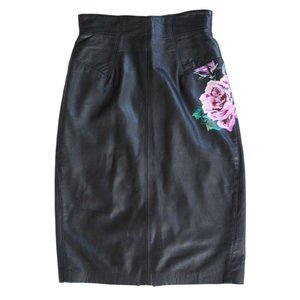 Vintage MICHAEL HOBAN NORTH BEACH LEATHER High Waist Skirt Painted Flower Fits 0
